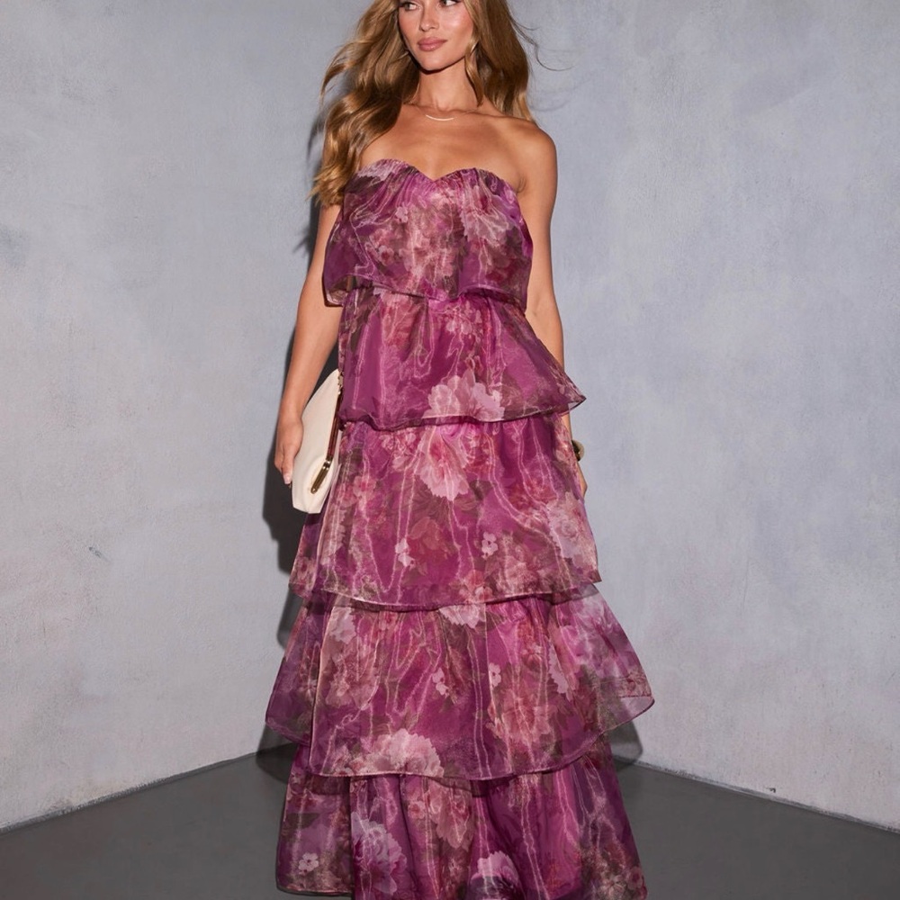 Vici Strapless Tiered Floral Maxi Dress in Plum Pink